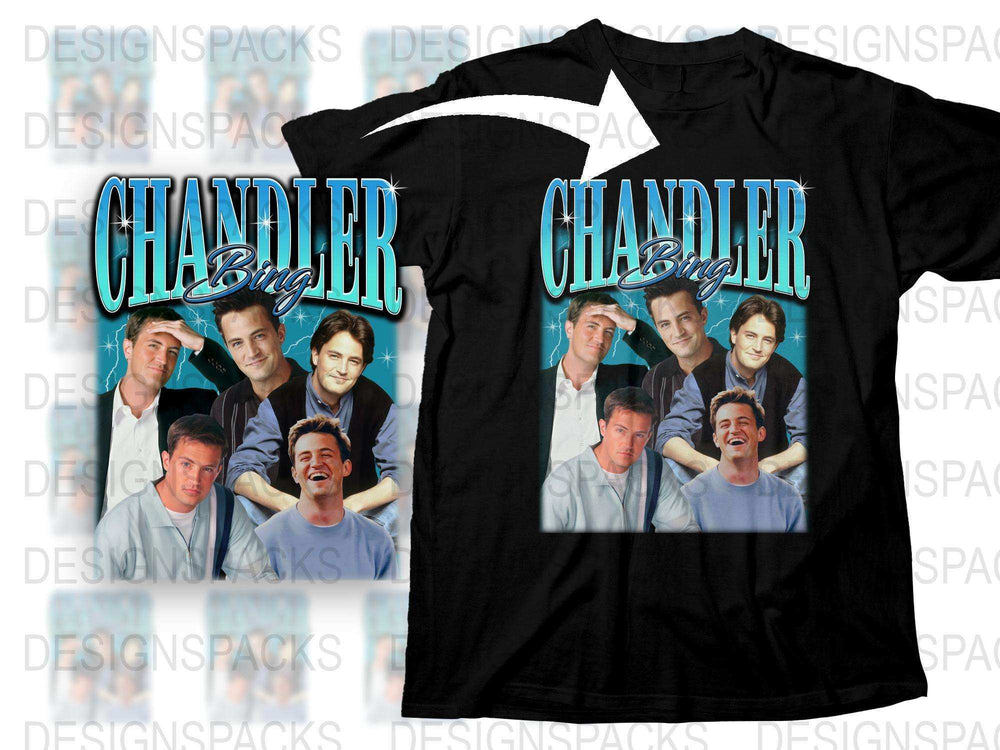 Chandler Bing Graphic T-Shirt, Friends TV Show Inspired, Classic Black Tee with Character Collage, Unisex Fashion