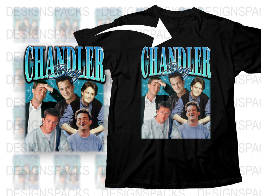 Chandler Bing Graphic T-Shirt, Friends TV Show Inspired, Classic Black Tee with Character Collage, Unisex Fashion