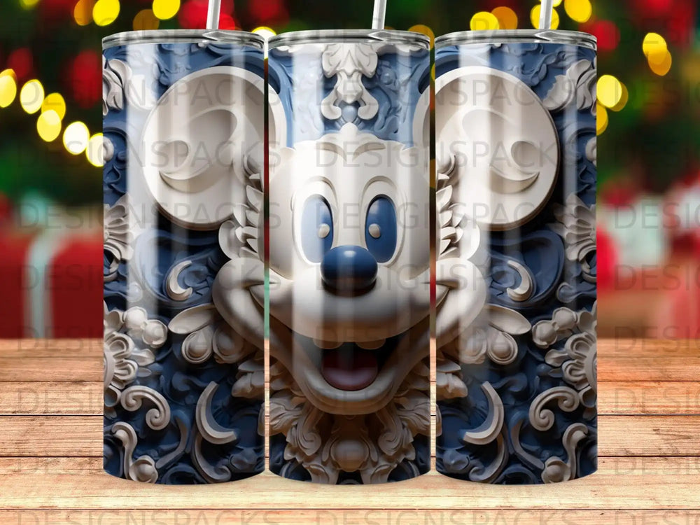 Mickey Mouse head with ornate blue and white decorative borders.