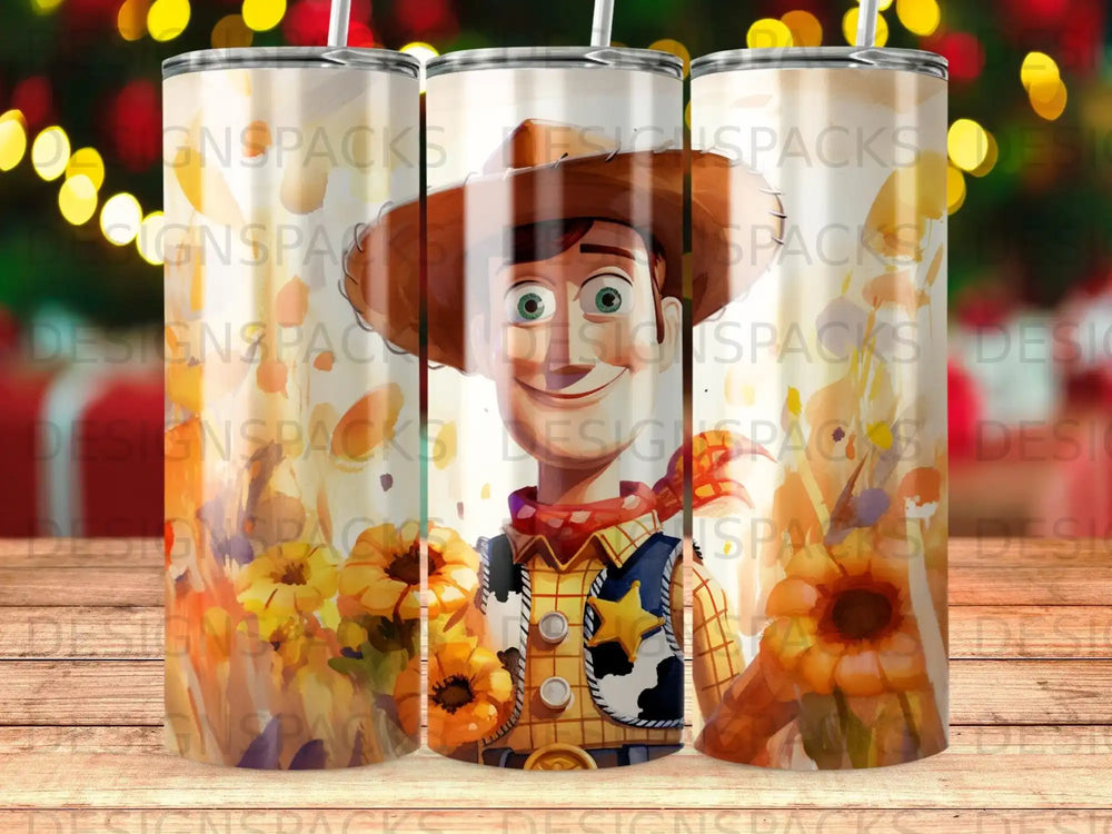 Woody from Toy Story character with sunflowers and sunflowers on a tumbler.