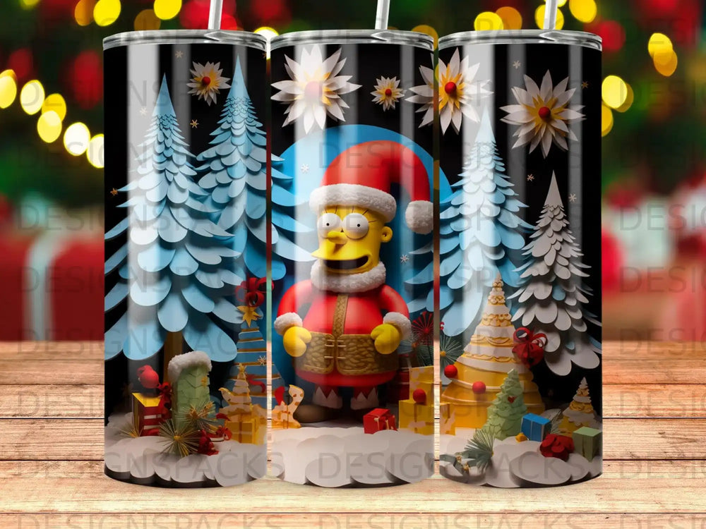 Homer Simpson in a Santa outfit with snowy trees and presents.