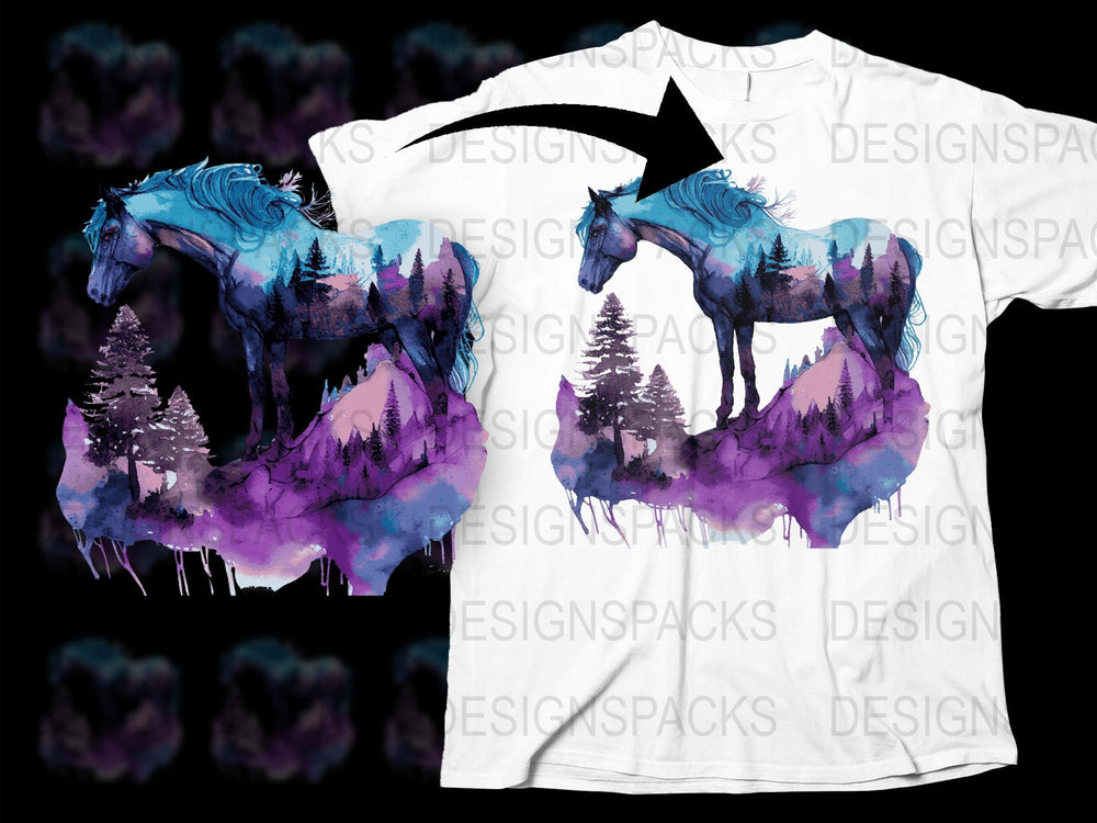 Watercolor Horse T-Shirt, Forest Silhouette Graphic Tee, Purple Blue Nature Inspired, Unisex Artistic Casual Wear