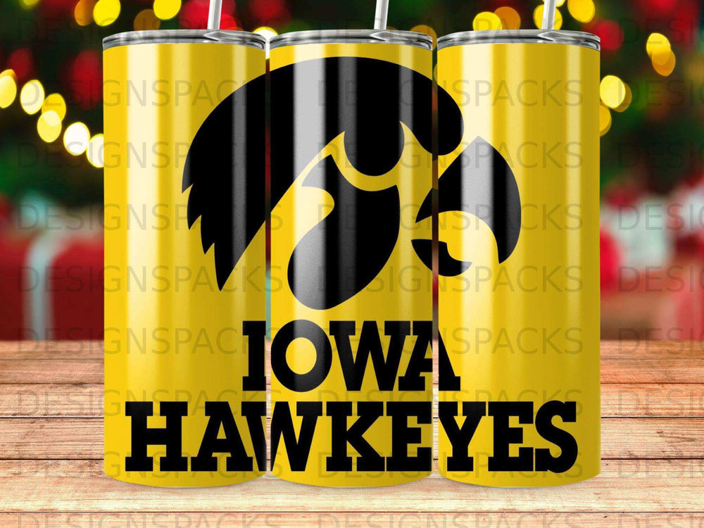 Iowa Hawkeyes logo on a yellow tumbler with black accents.