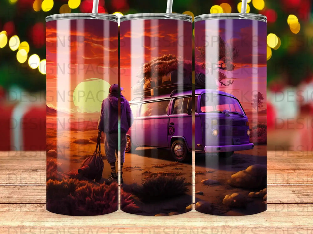 Purple van with luggage on roof drives towards sunset in desert landscape.