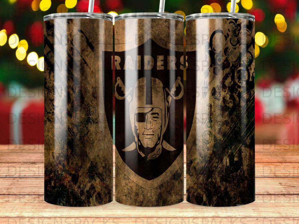 Las Vegas Raiders logo and skull graphic on a textured tumbler.