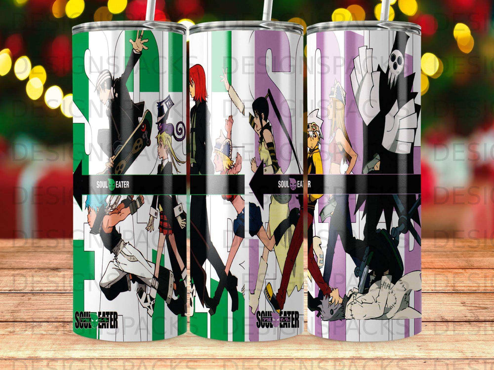 Soul Eater characters walking with abstract green and white patterns.