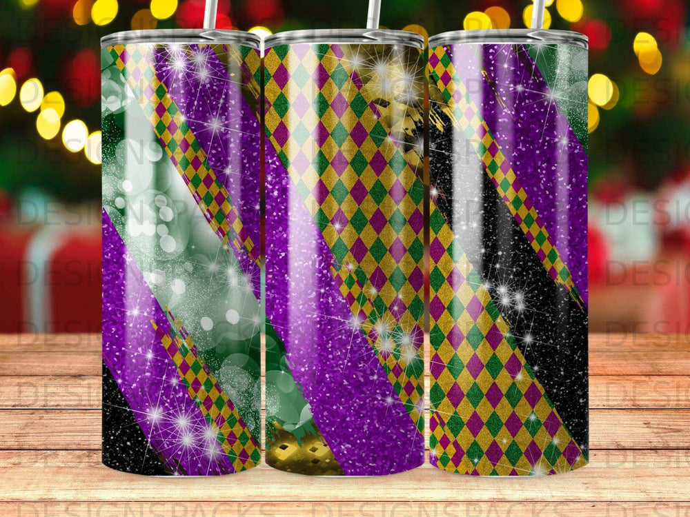 Three glitter-covered tumblers with Mardi Gras diamond pattern.