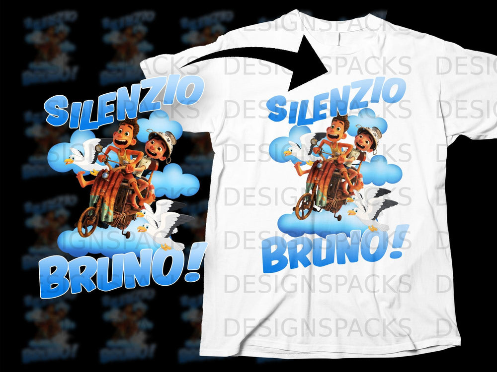 Luca and Alberto characters riding scooter with seagulls, "SILENZIO BRUNO!" text.
