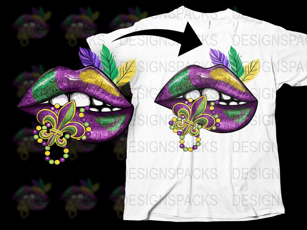 Mardi Gras Lips T-Shirt, Purple Green Glitter Design, Fleur De Lis Graphic Tee, Festival Carnival Clothing, Unisex Adult Fashion