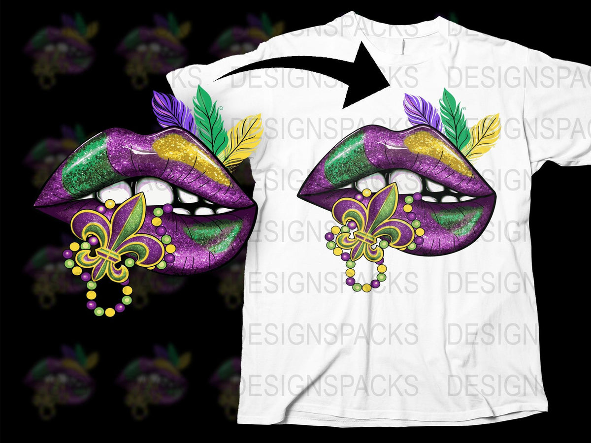 Mardi Gras Lips T-Shirt, Purple Green Glitter Design, Fleur De Lis Graphic Tee, Festival Carnival Clothing, Unisex Adult Fashion
