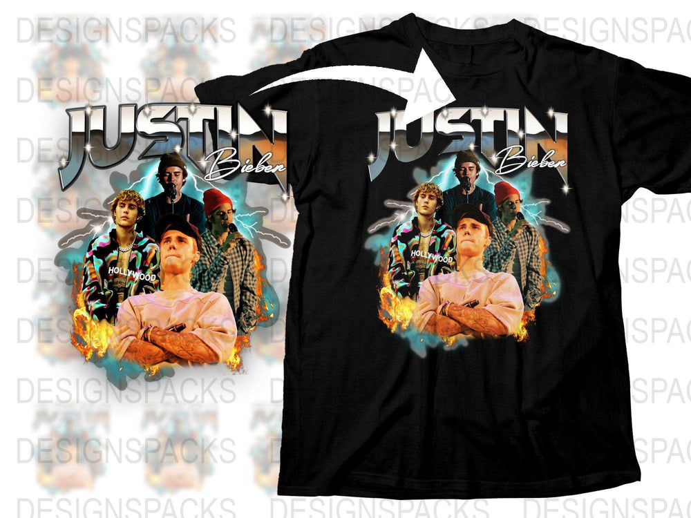 Justin Bieber Graphic T-Shirt, Fire Design, Pop Music Fan Merch, Teen Fashion, Unisex Black Tee