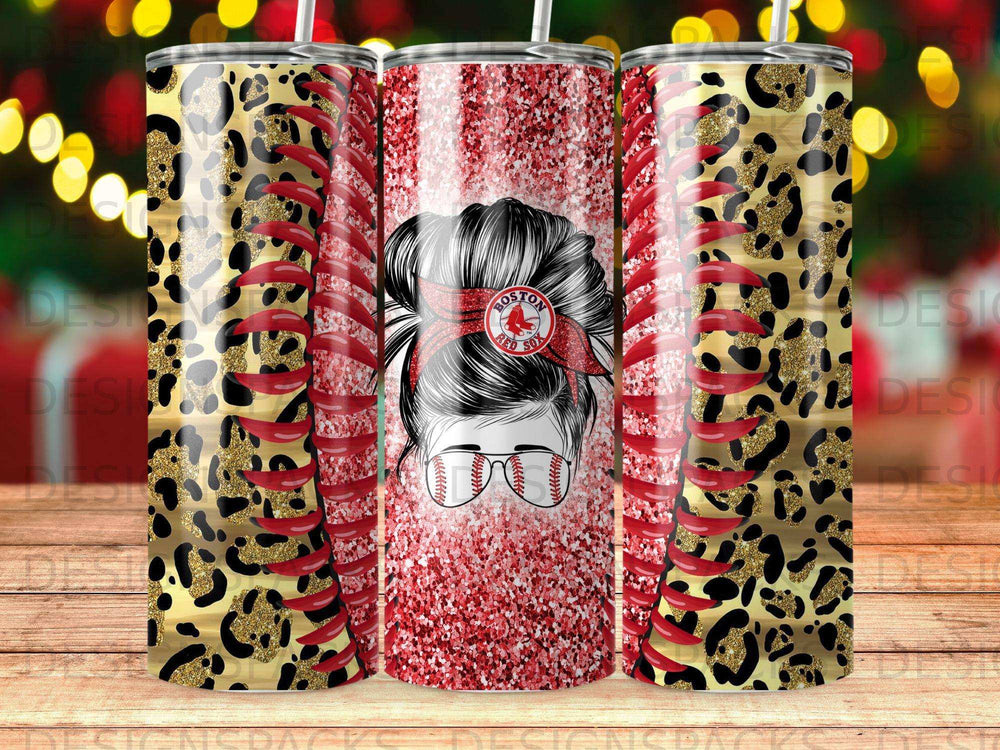 Tumbler with Boston Red Sox logo, leopard print, and glitter accents.