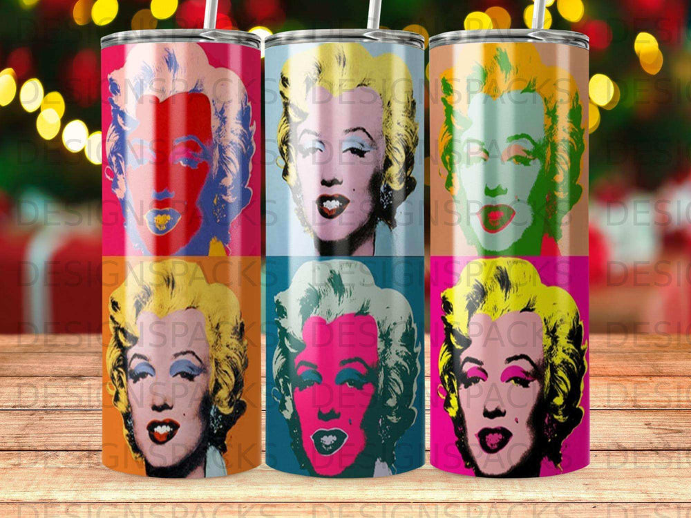 Marilyn Monroe portrait in a pop art style on a tumbler.