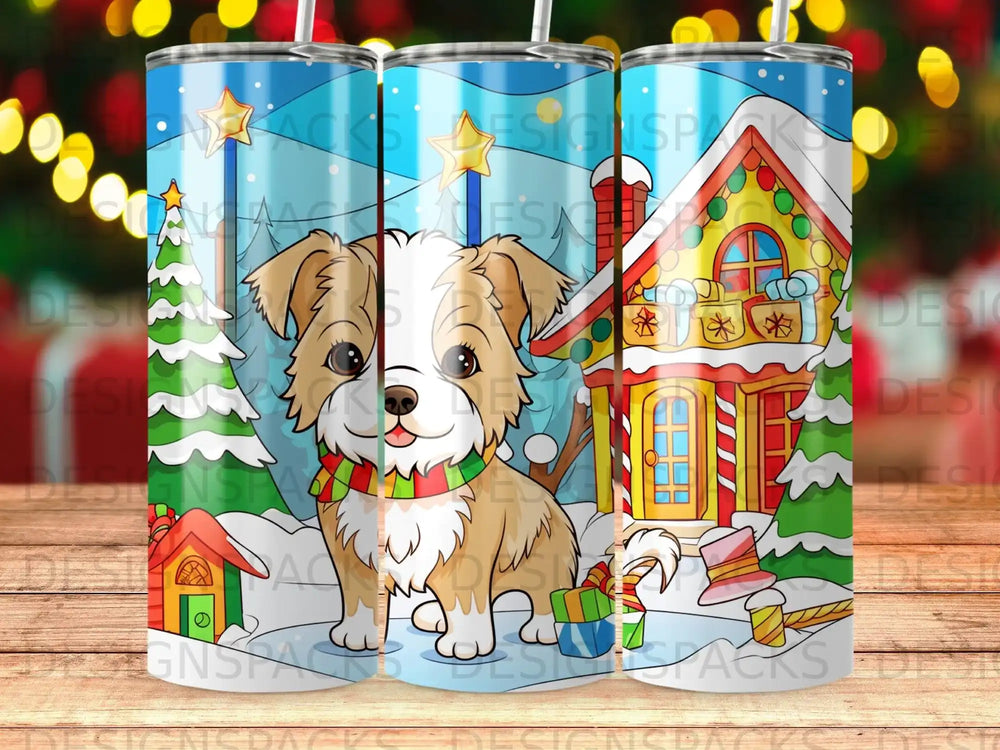 Cartoon puppy with holiday scarf in front of a gingerbread house.