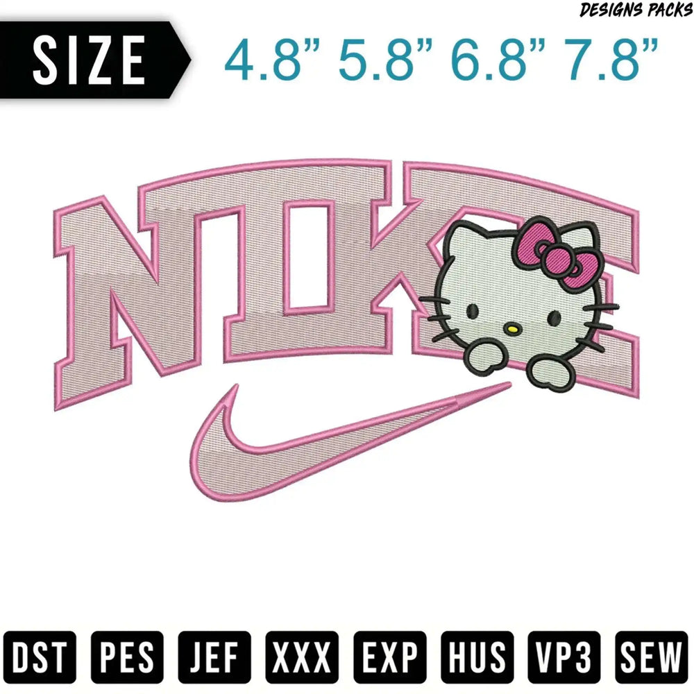 Nike logo with Hello Kitty head, sizes 4.8" to 7.8", embroidery formats listed.