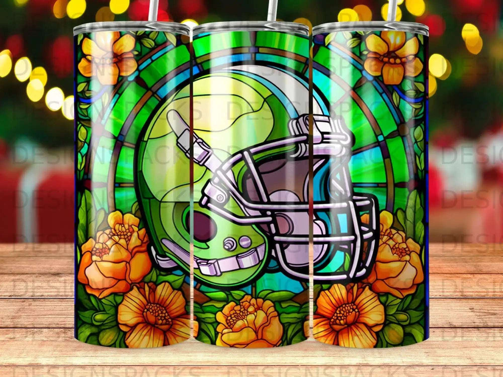 Green football helmet with stained glass and orange flowers.