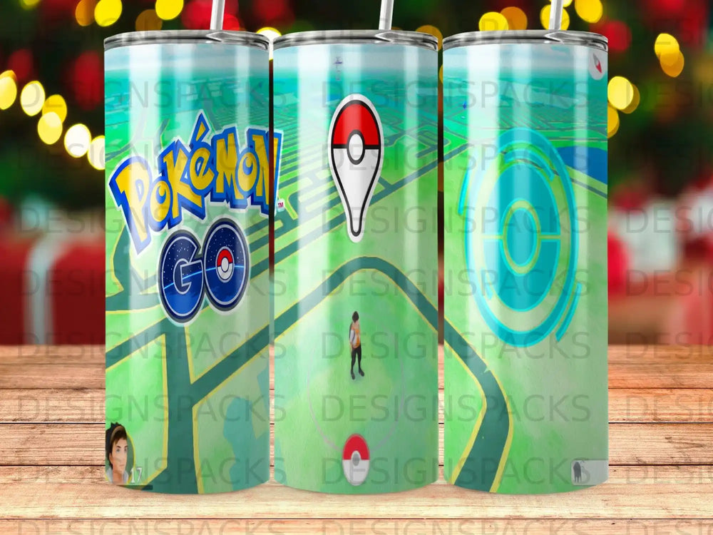 Pokemon Go tumbler with Pokeball and game map graphics.