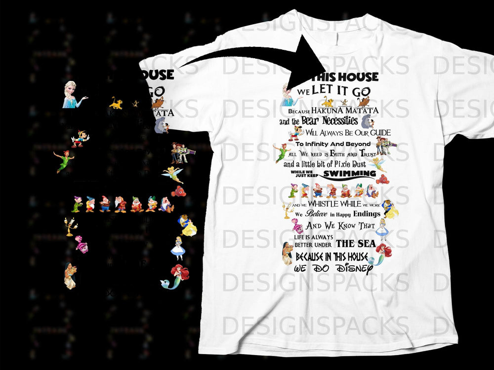 White t-shirt with Disney characters and quotes including "Let It Go" and "Hakuna Matata."