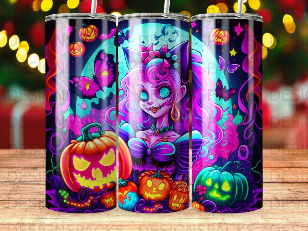Halloween themed tumbler with pumpkins, bats, and a cat-eared girl.