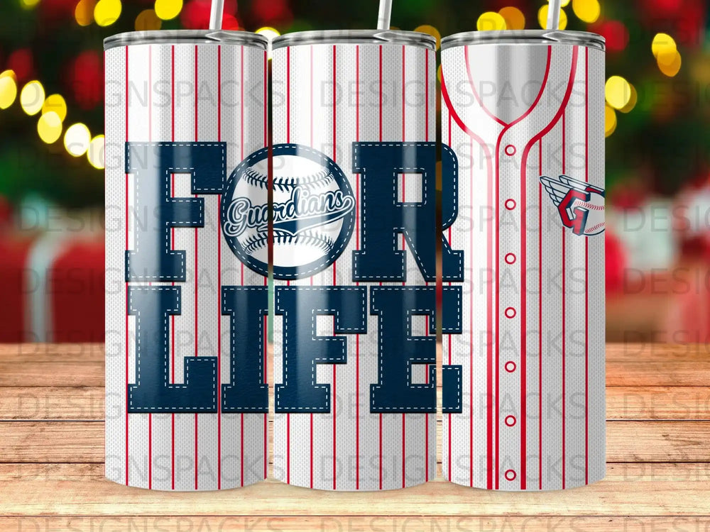 Cleveland Guardians "For Life" baseball stadium-themed tumbler with red pinstripes.