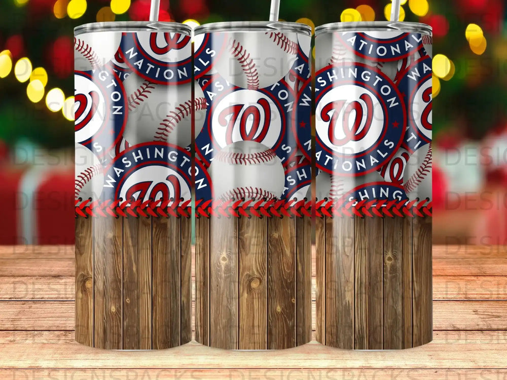 Washington Nationals baseball tumbler with wood grain base and red stitching trim.