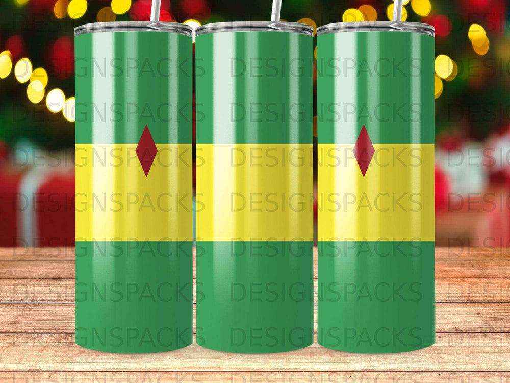 Three tumblers with repeating "DESIGNSPACKS" logo on a green, yellow, and red background.
