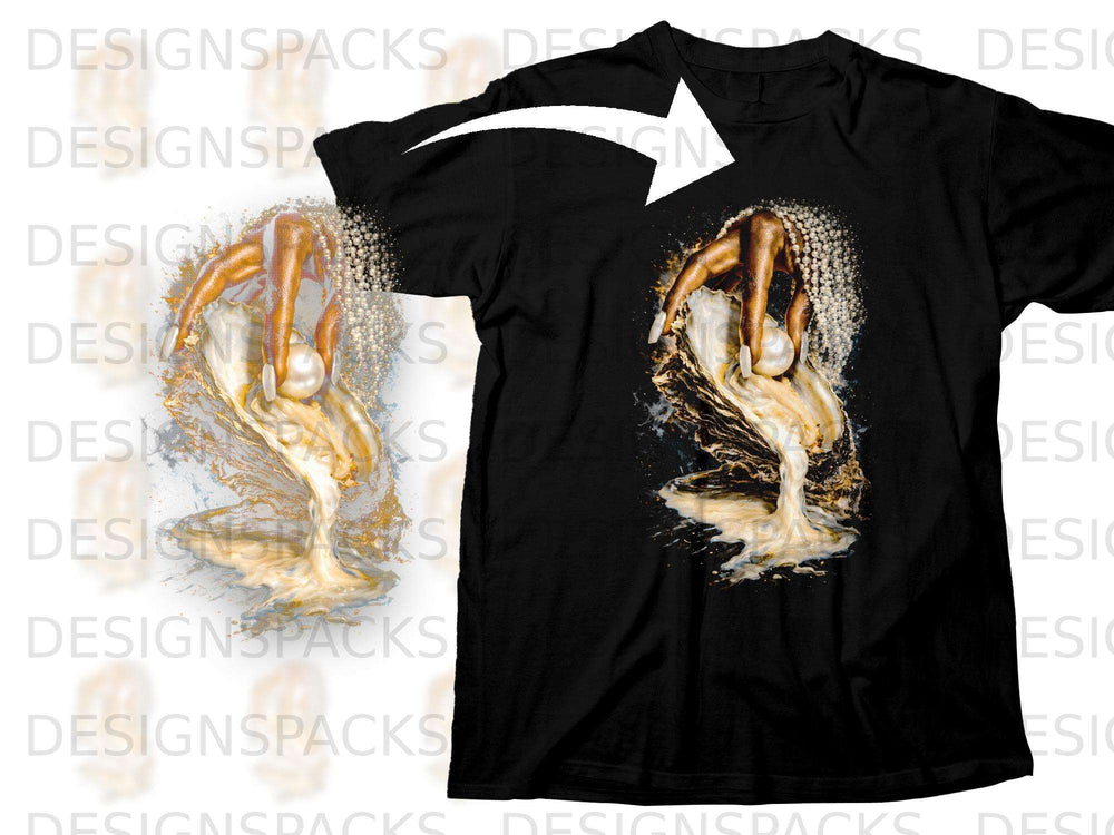 Black t-shirt with a pearl being held by a hand emerging from an oyster.