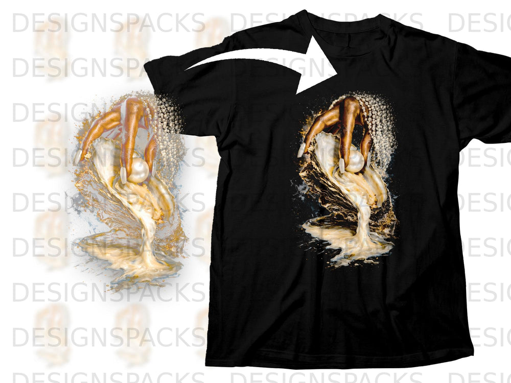 Black t-shirt with a pearl being held by a hand emerging from an oyster.