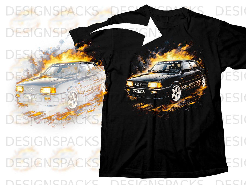 Black t-shirt features a graphic of a black Audi Quattro car with flames.