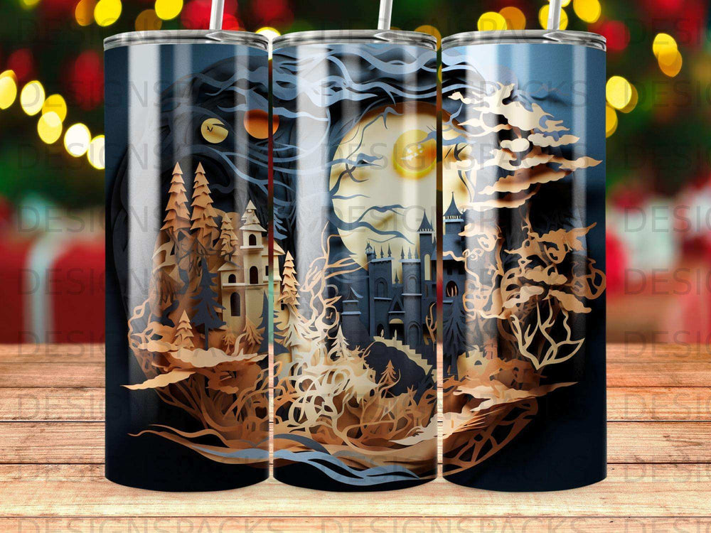 Dark castle and trees against moonlit sky, cut-paper art.