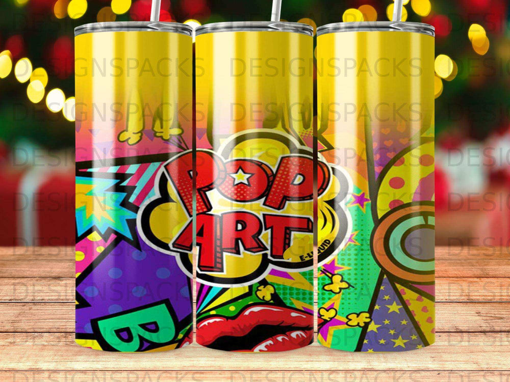 Pop Art style tumbler with lips and comic book elements, "ART" prominent.