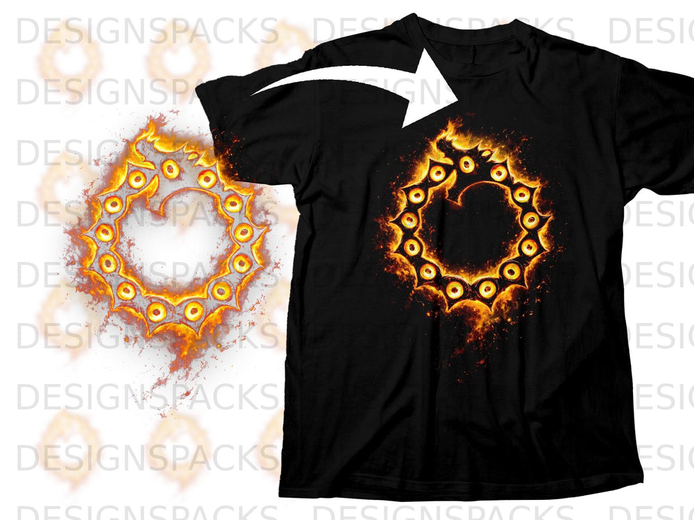 Black t-shirt with a flaming circle design of animal heads and eyes.