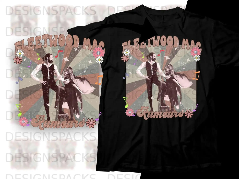 Fleetwood Mac Rumours album cover graphic on a black t-shirt.