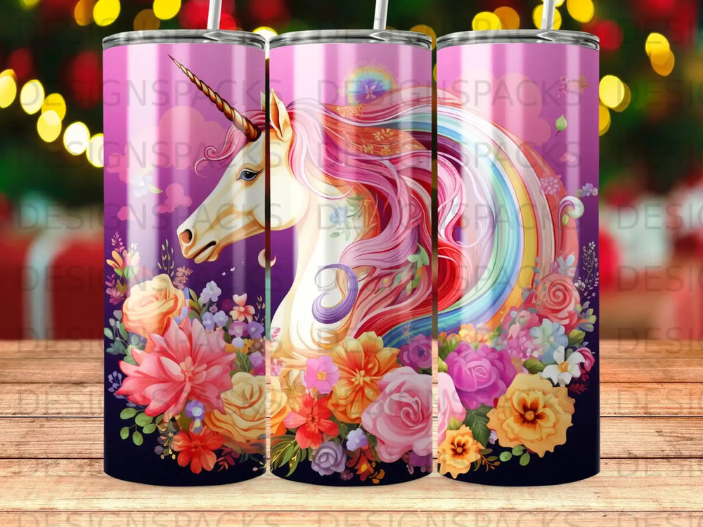 Unicorn with rainbow mane and floral accents on a purple gradient tumbler.