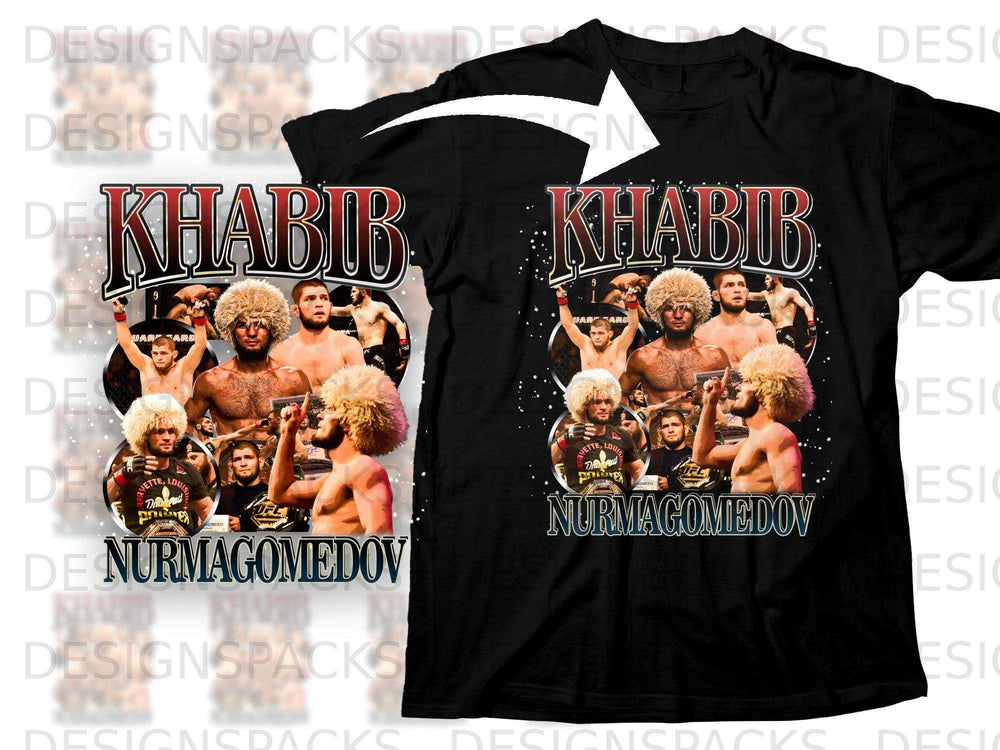 Khabib Nurmagomedov graphic t-shirt with fighter collage and text.
