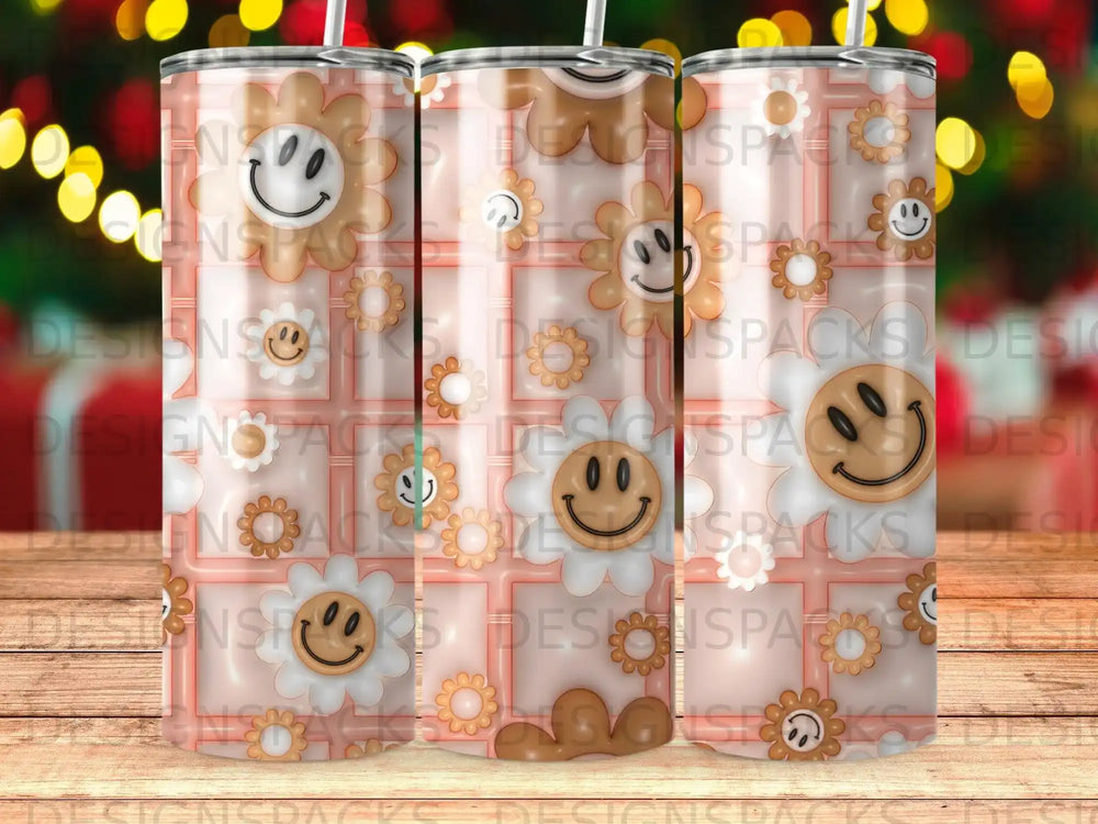 Floral daisy pattern with smiling faces on a pink background.