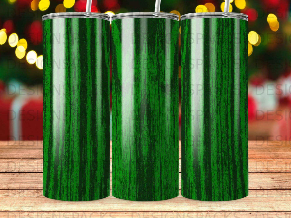 Three green wood grain tumblers with striped lids.