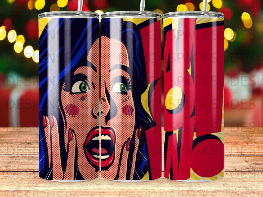 Pop art comic style woman with wide eyes and open mouth, hands to face.