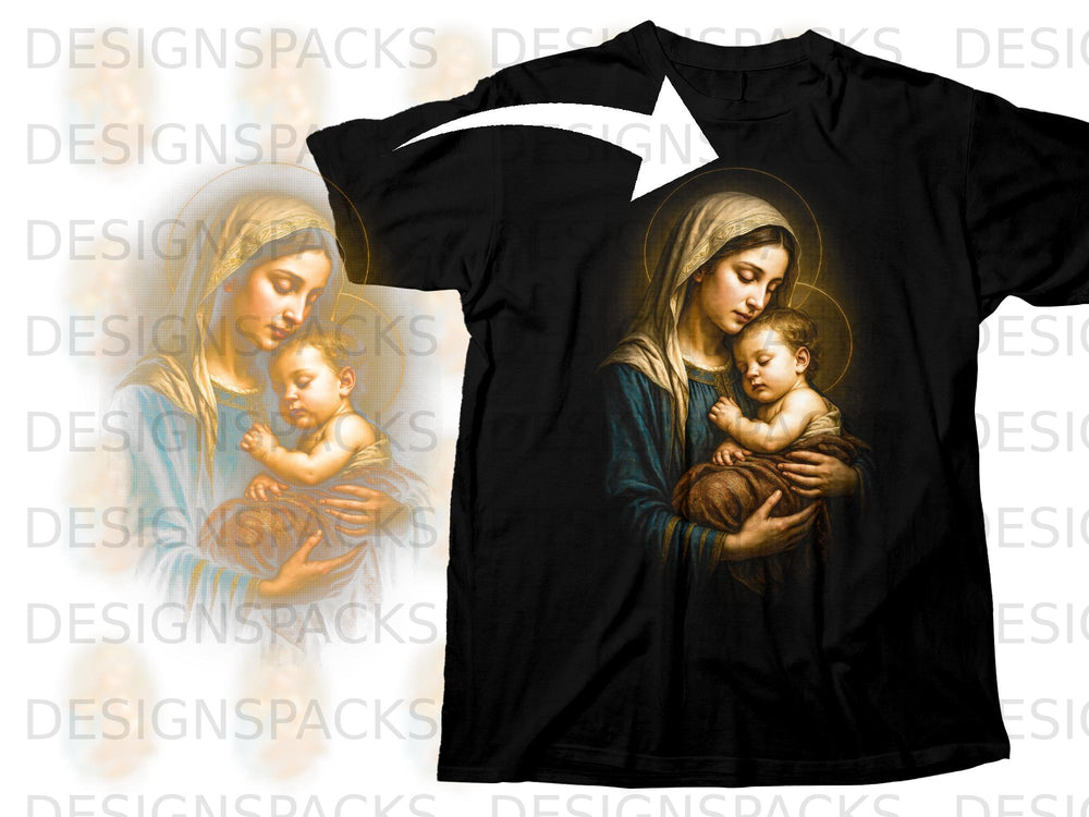 Black t-shirt with religious artwork of Mary holding baby Jesus.