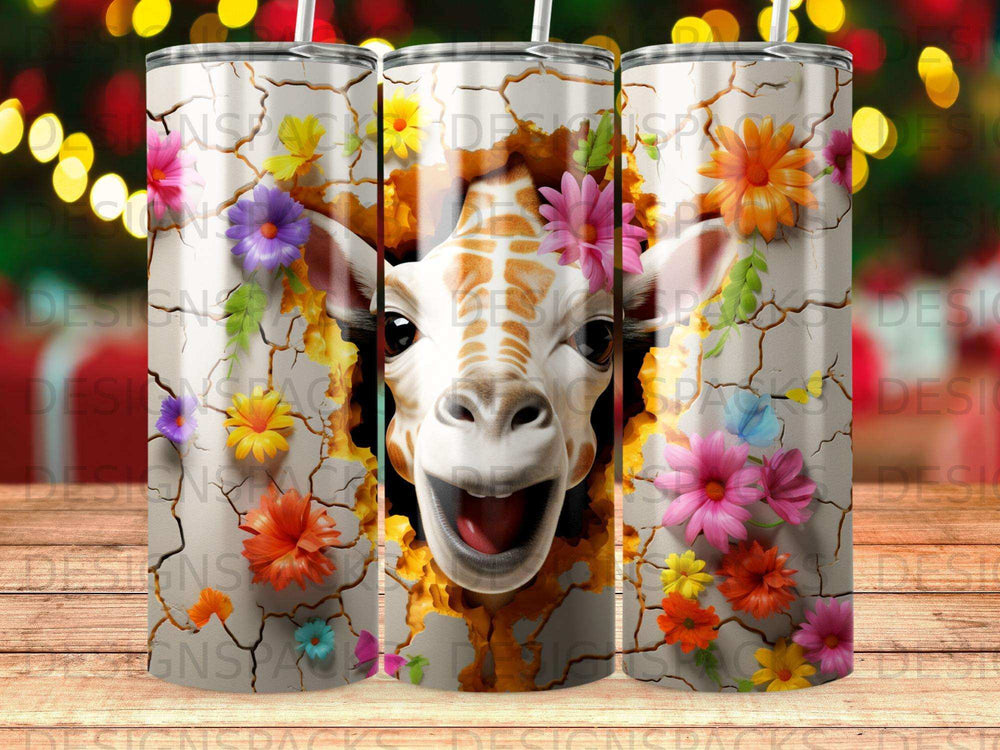 Giraffe peeking through cracked background with colorful flowers.
