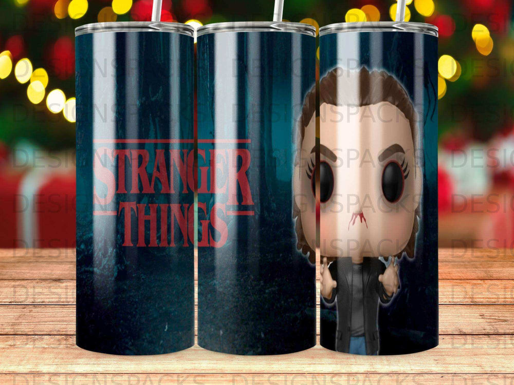 Stranger Things tumbler with character Eleven on a dark, spooky background.