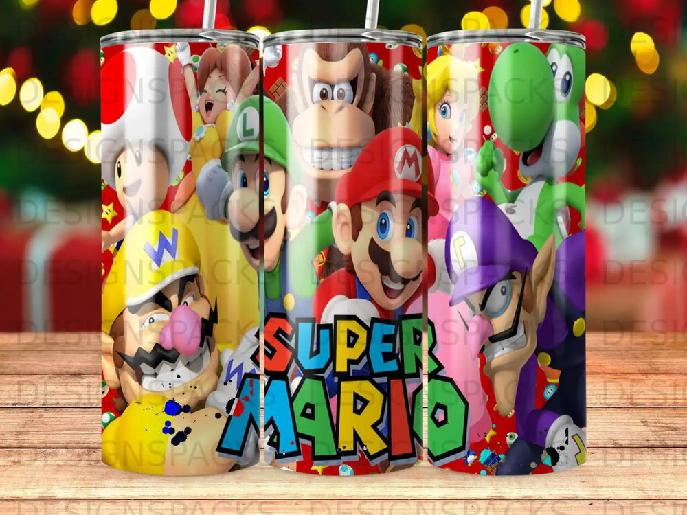Super Mario characters on a pattern of tumblers with the Super Mario logo.