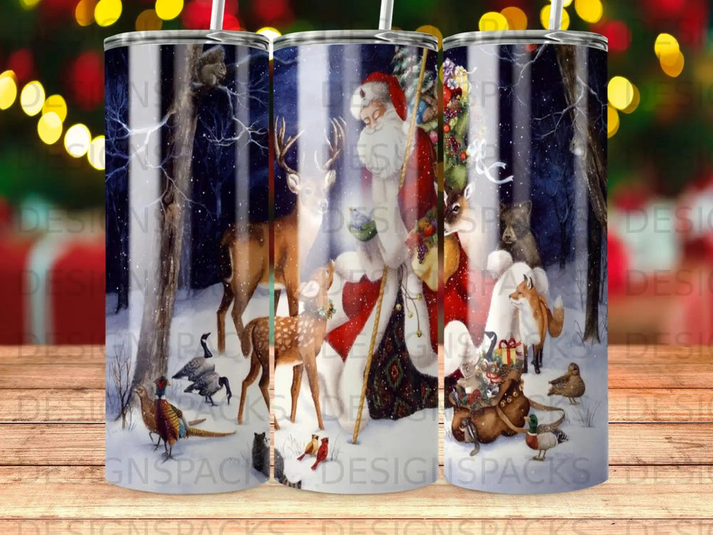 Santa Claus and woodland animals in a snowy forest scene on a tumbler.