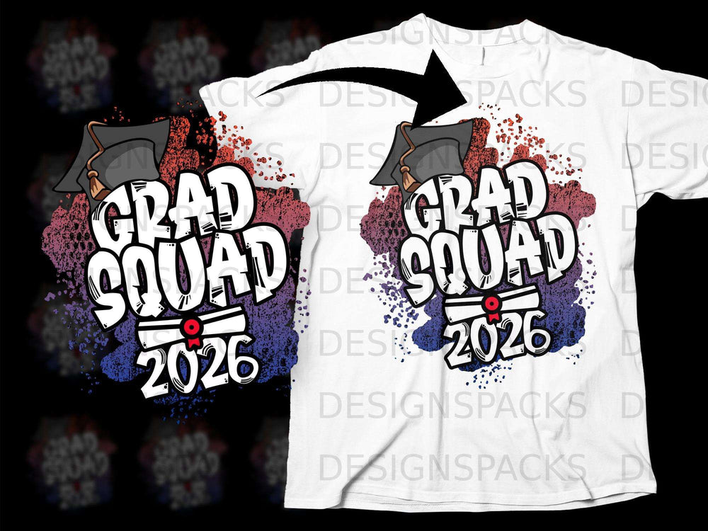 Grad Squad 2026 graphic with graduation cap on white t-shirt.