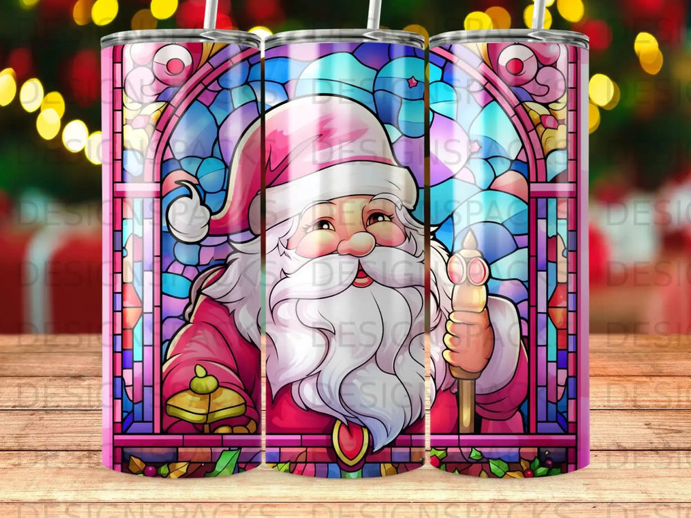 Stained glass Santa Claus holding a candle and bell.