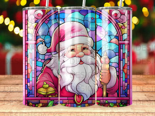 Stained glass Santa Claus holding a candle and bell.
