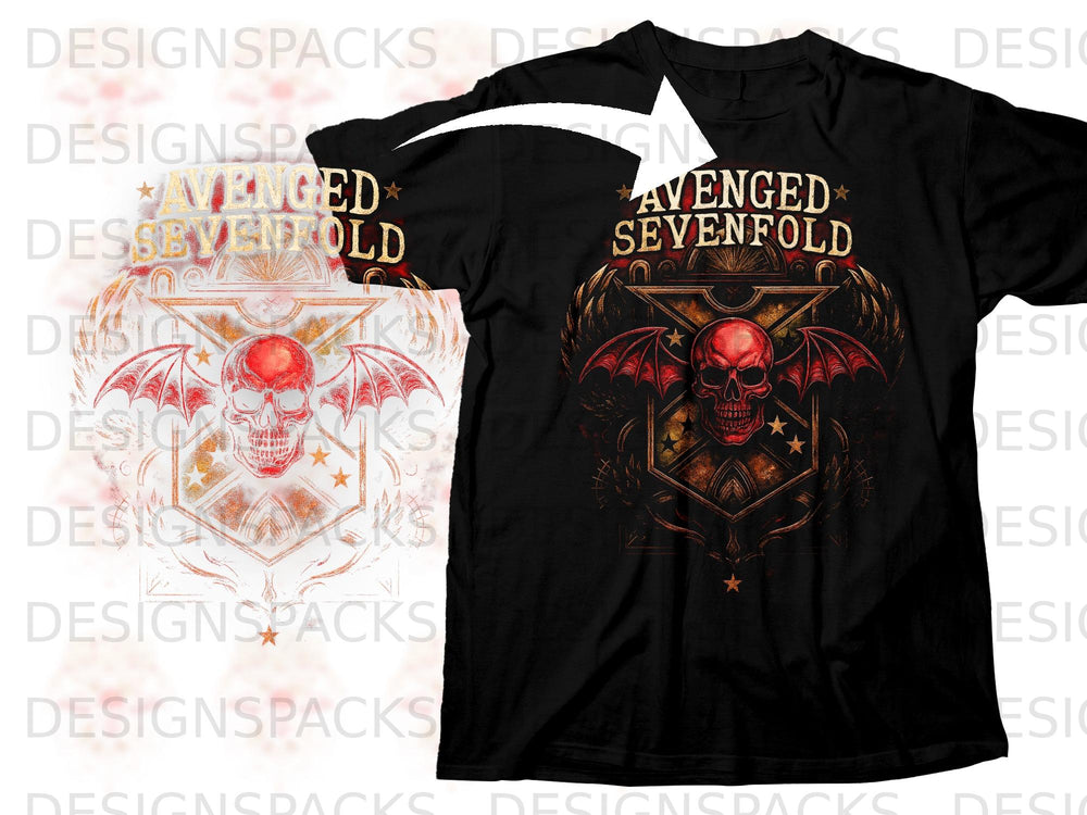 Black t-shirt featuring Avenged Sevenfold logo, skull, and bat wings graphic.