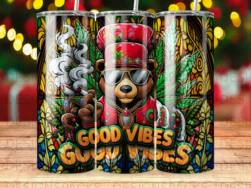 Bear wearing sunglasses and red hat, holding a joint, with "Good Vibes" text.