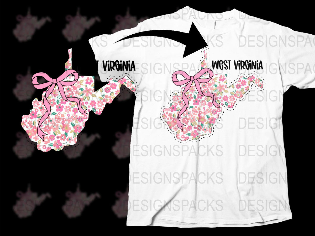 Virginia and West Virginia Floral Map T-Shirt, Pink Bows, Women's Fashion Top