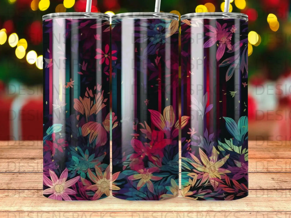 Tumbler with vibrant floral and striped design in dark tones.